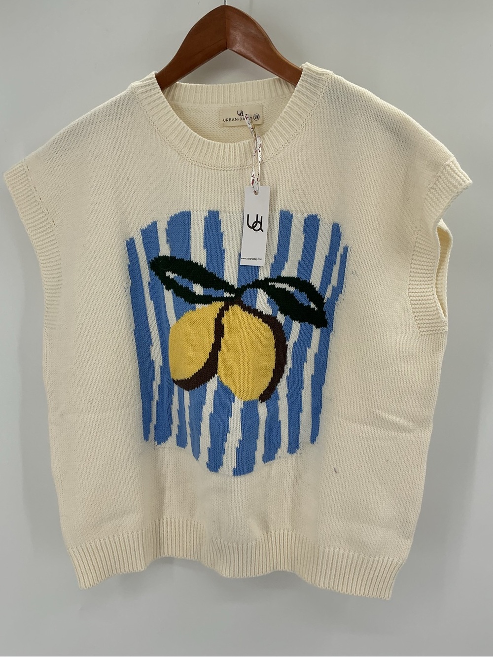 Urban Daizy Lemon Graphic Knit Sweater Vest Cream Blue Yellow Small